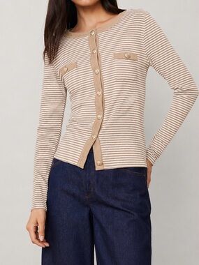 Ann Taylor Tan White Striped Button Down Knit Top, Medium